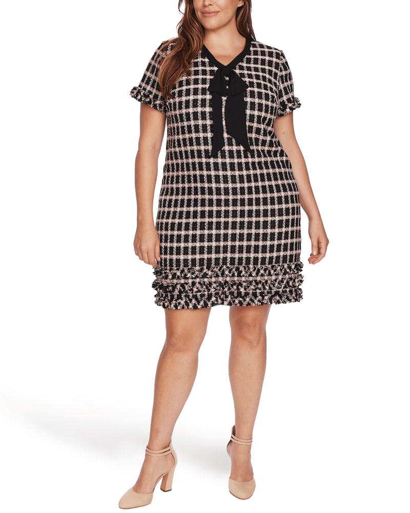 Front of a model wearing a size 14 Blakely Tweed Ruffle-Hem Dress in 060-RICH BLACK by CeCe. | dia_product_style_image_id:263333